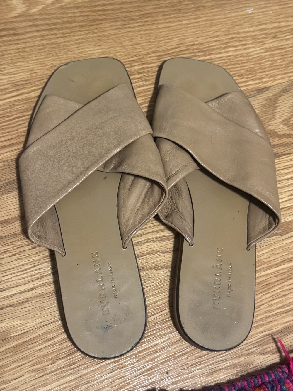 Everlane Beige/Tan Leather Crossband Slide Sandals
